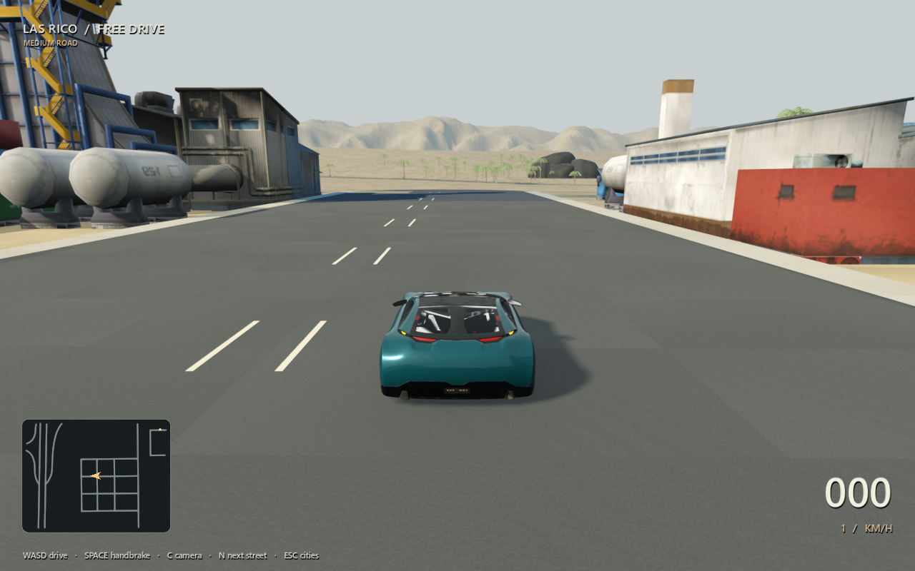 A car on an exported Las Rico street in the standalone Godot prototype